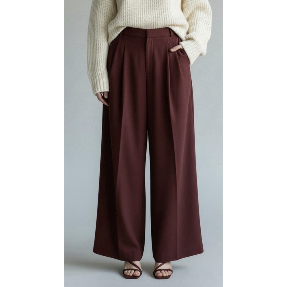 Zara Wide Leg Pleated Trousers Burgundy Russet Brown Office Corporate Pants Sz S
